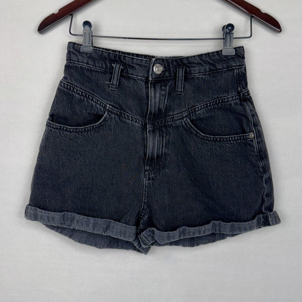 Zara Black Washed Denim Shorts 4 High Rise Cuffed Hem Mom Fit Panel Detail‎